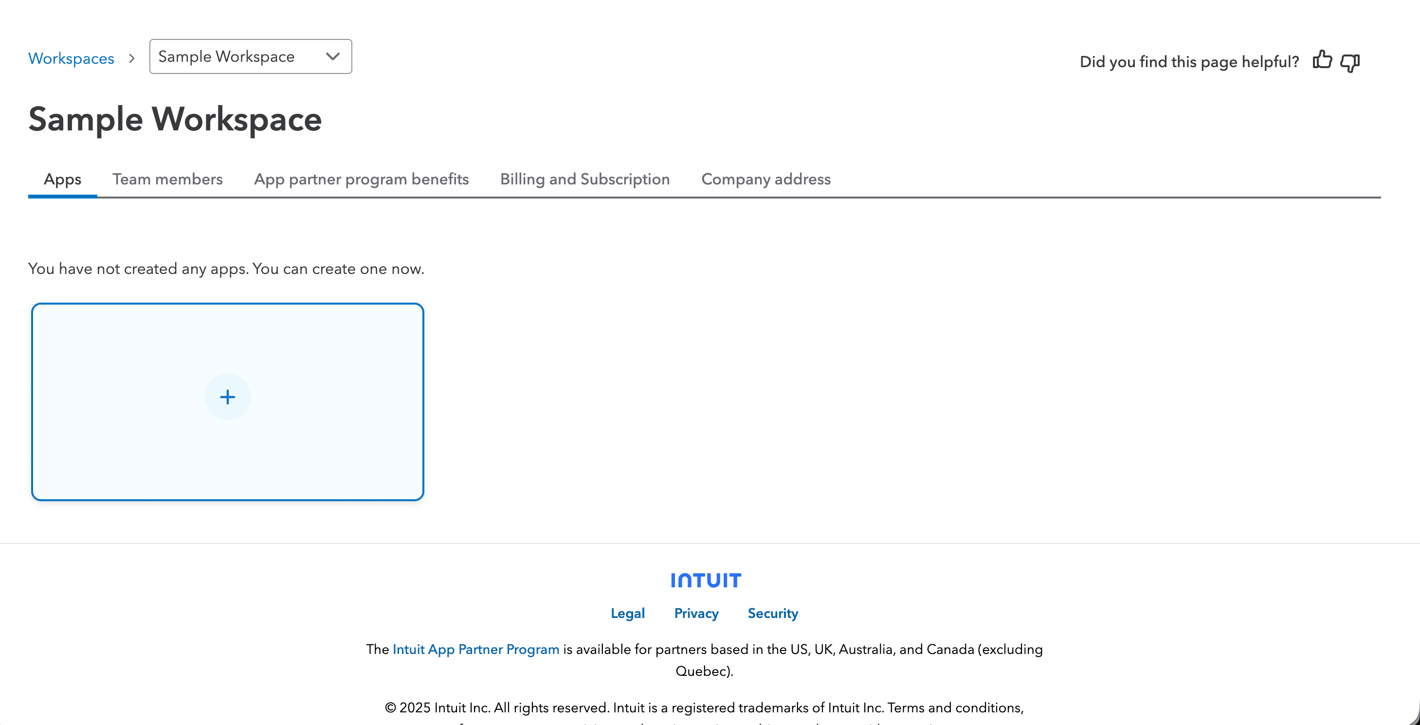 Intuit My Apps page with the "Create an app" tile highlighted