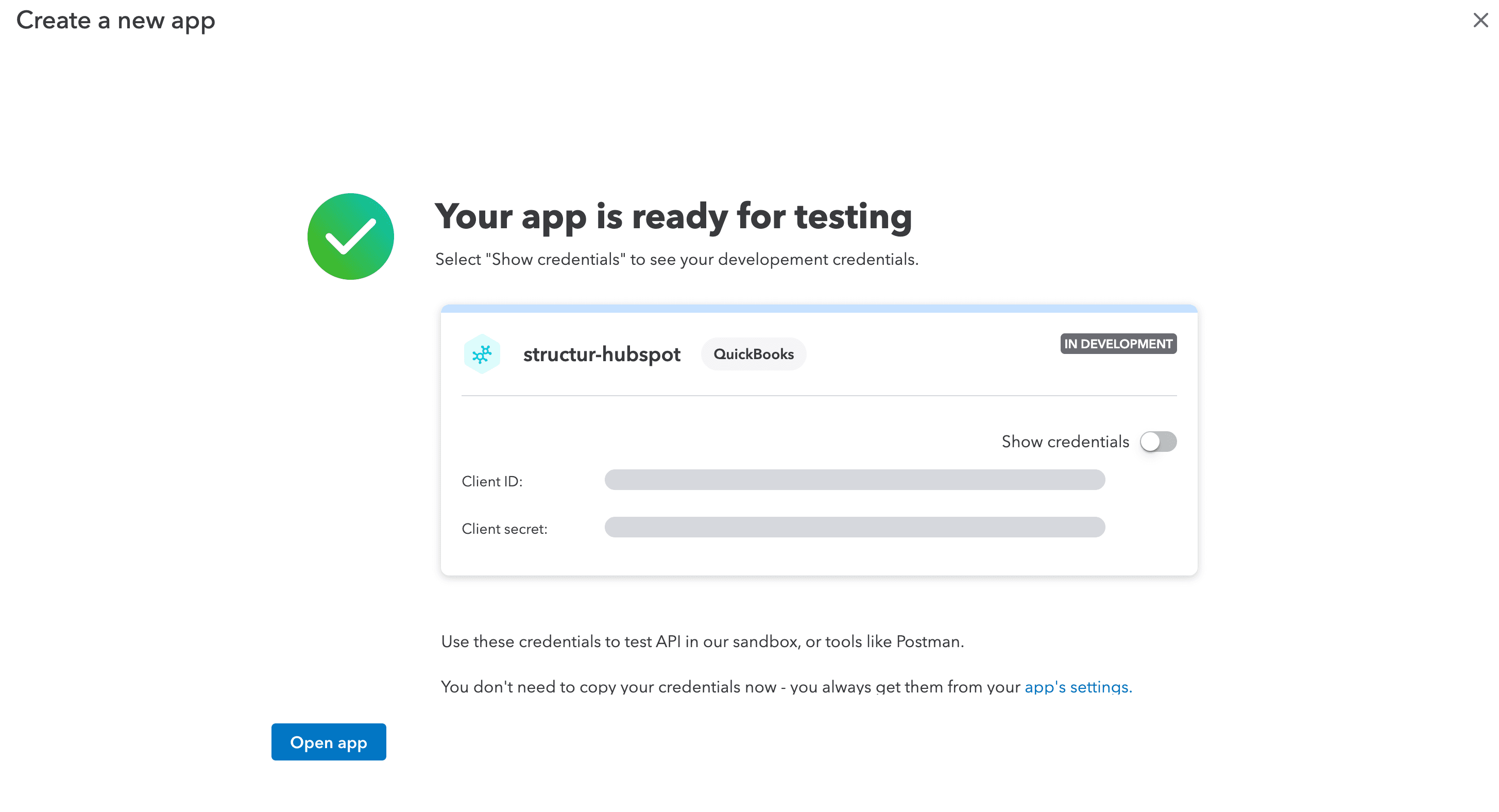 Intuit My Apps page with the "Create an app" tile highlighted
