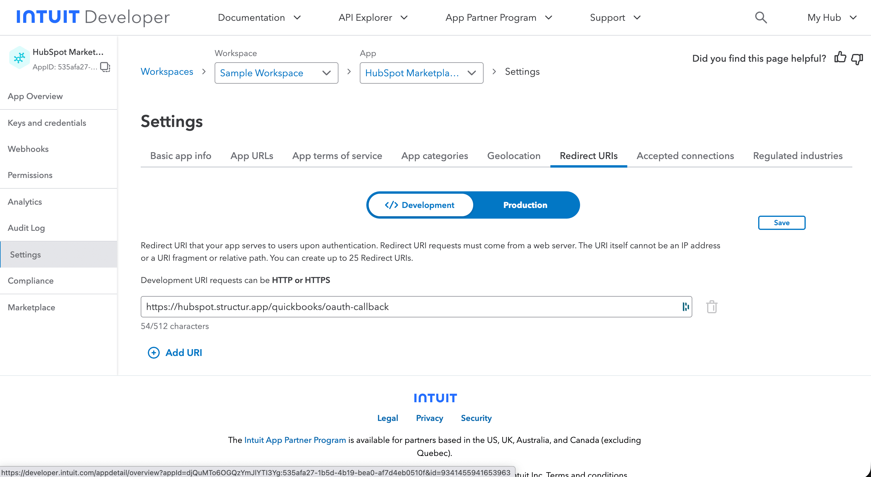 Intuit My Apps page with the "Create an app" tile highlighted