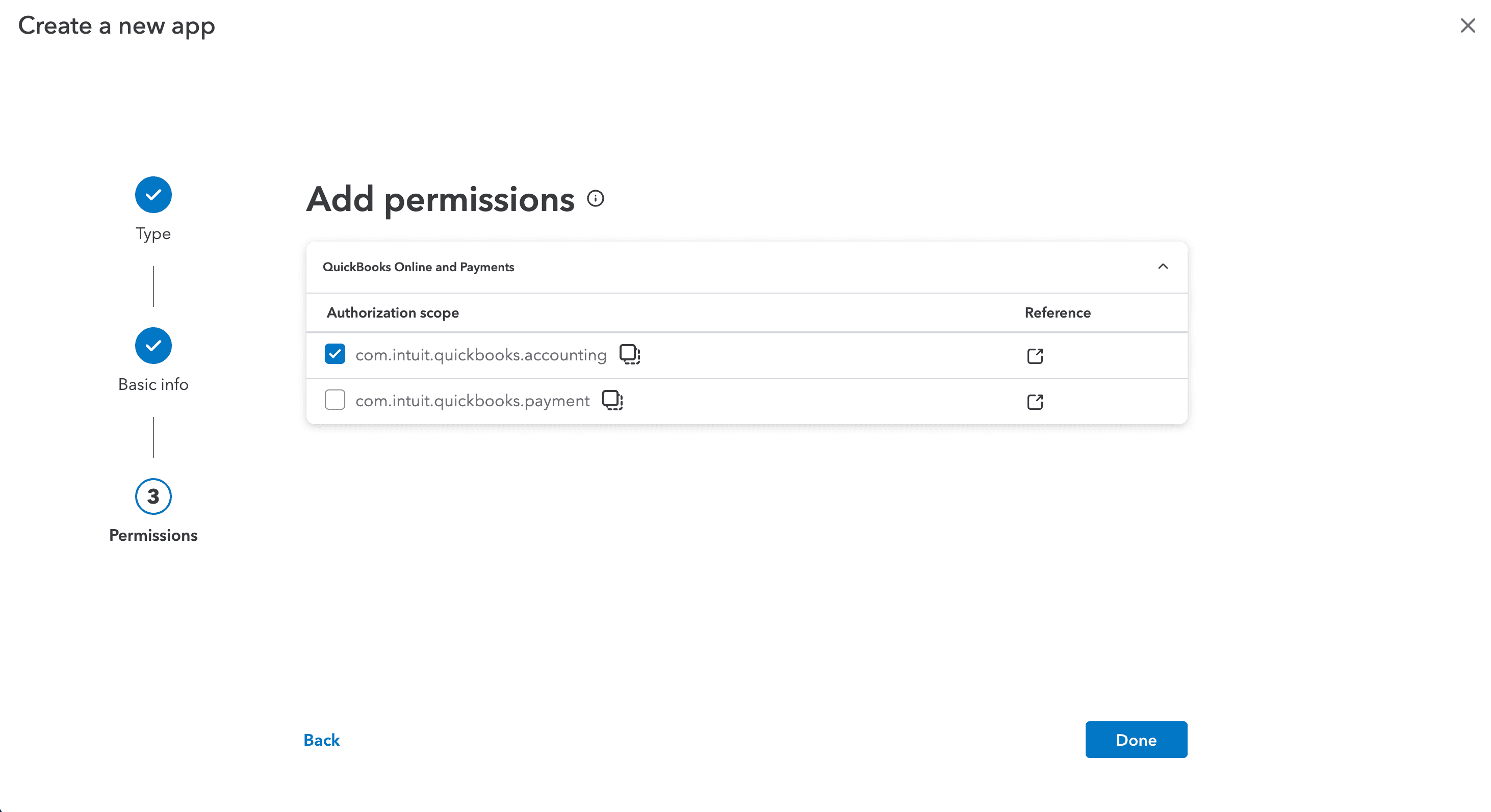 Intuit My Apps page with the "Create an app" tile highlighted